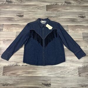 NWT Anthropologie Let Me Be Fringe Denim Buttondown Western Shirt Size Medium